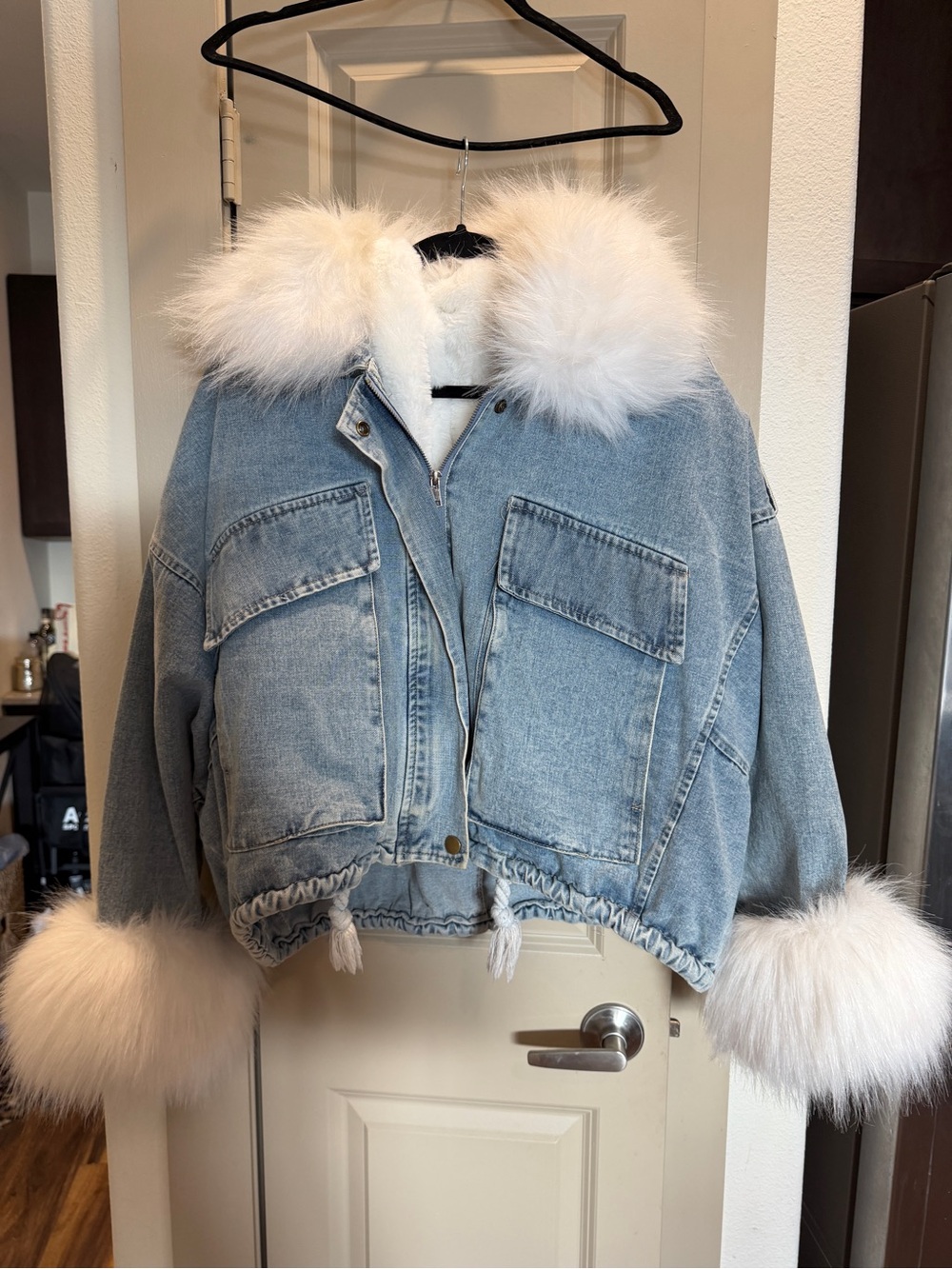 Light Blue Denim Jacket with White Faux Fur Trim